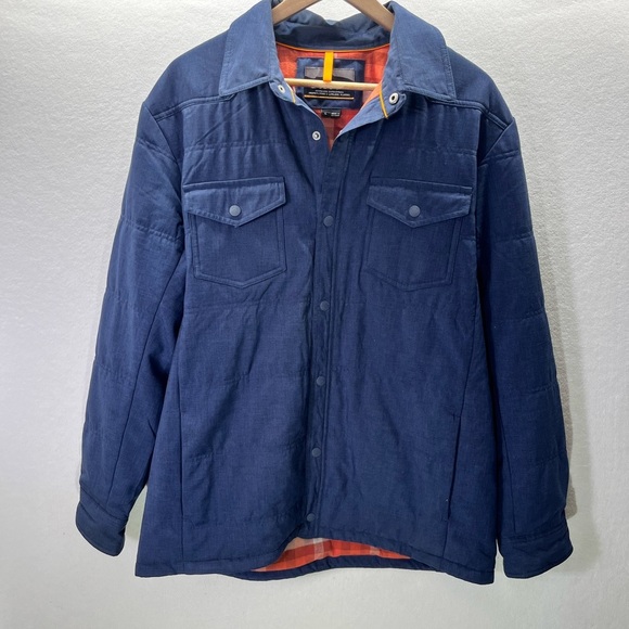 Orvis Outdoors Navy Flannel Jacket Snap Mens L Pockets Warm Lightweight Soft - Picture 1 of 6